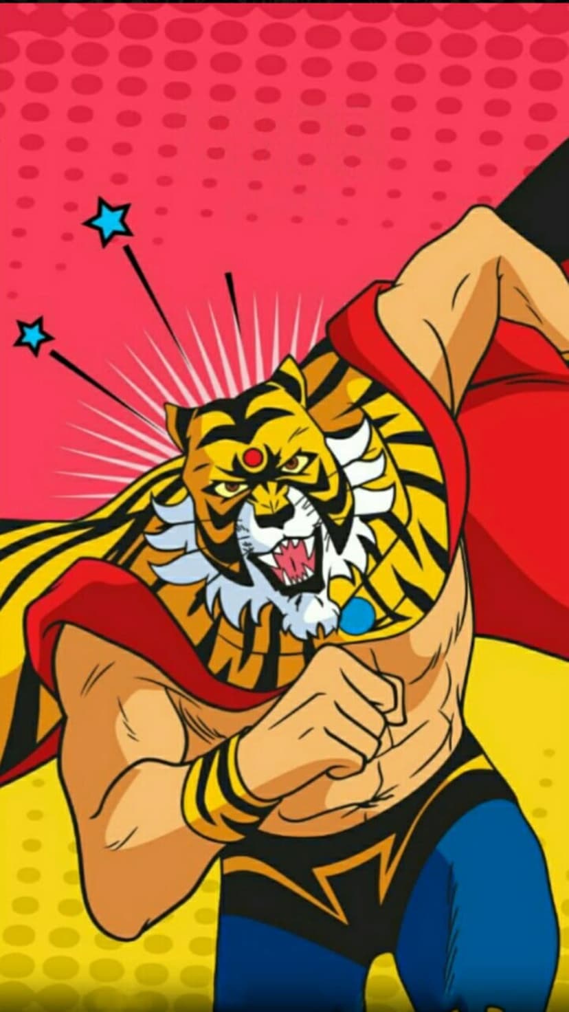 Tiger-masked wrestler with a red cape roars against a yellow sunburst background with red polka dots and stars.