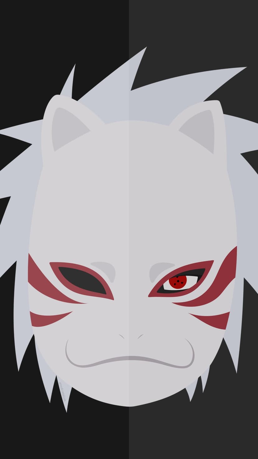Kakashi Hatake wearing a white Anbu mask with a single glowing red Sharingan eye on a flat gray background.