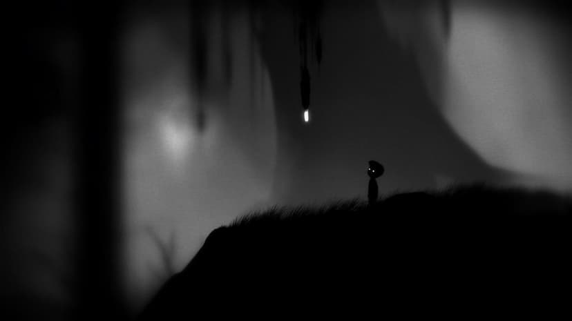 Silhouette boy with glowing white eyes on a grassy hill looking at a single lit bulb in a dark foggy forest.