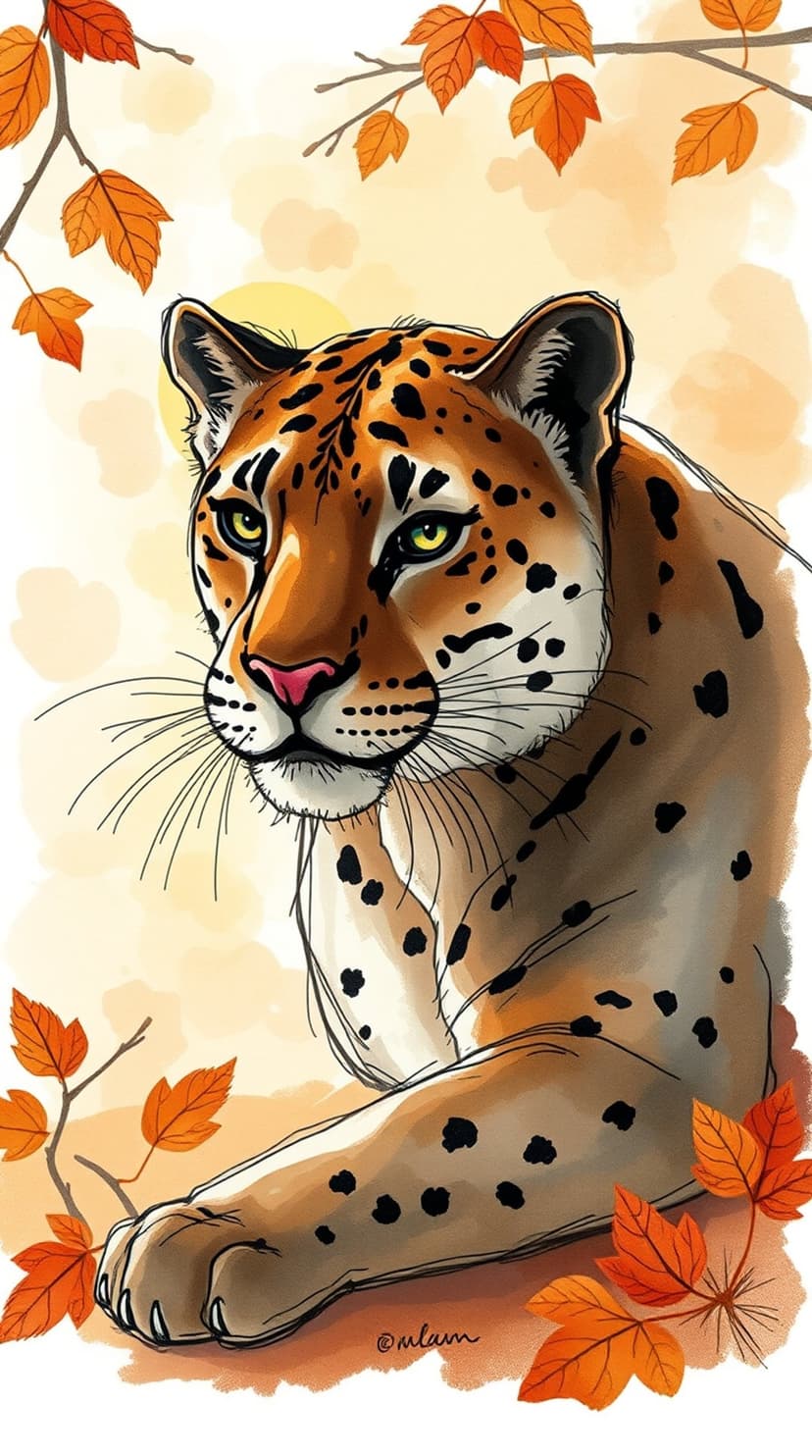 Jaguar with green eyes and spotted fur surrounded by orange autumn leaves in a vertical portrait composition.