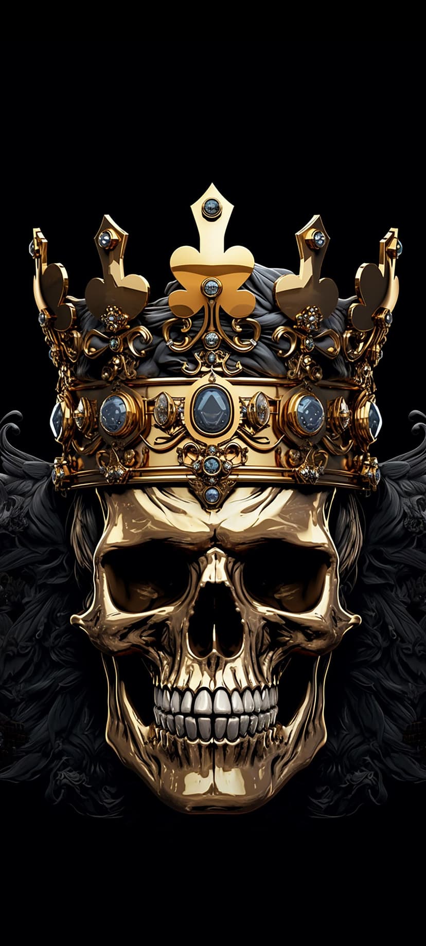 Polished gold skull wearing a regal crown with blue gemstones against a solid black background in vertical view.