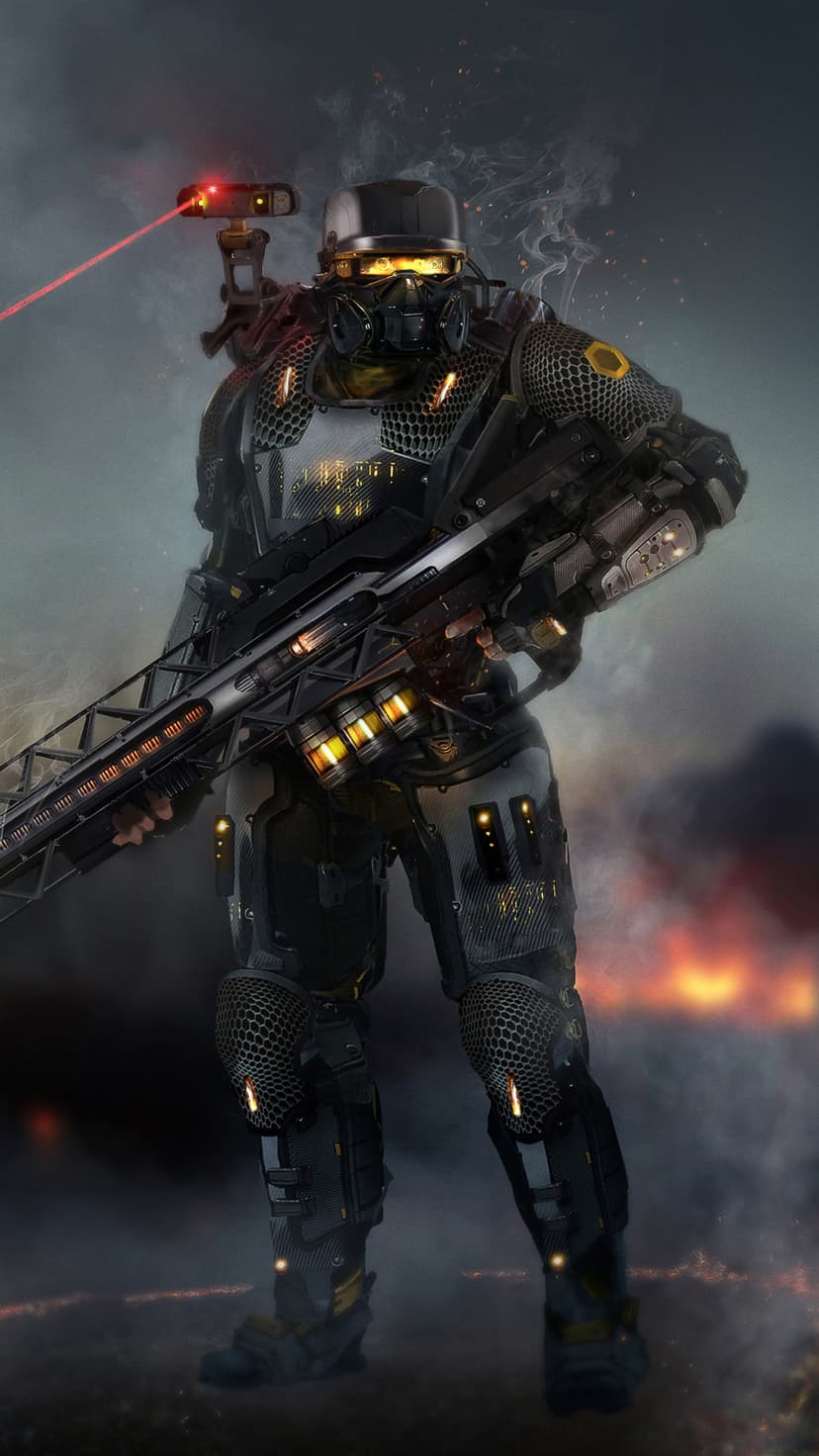 Armored soldier in black tactical gear holding a glowing laser rifle against a backdrop of smoke and distant fire.