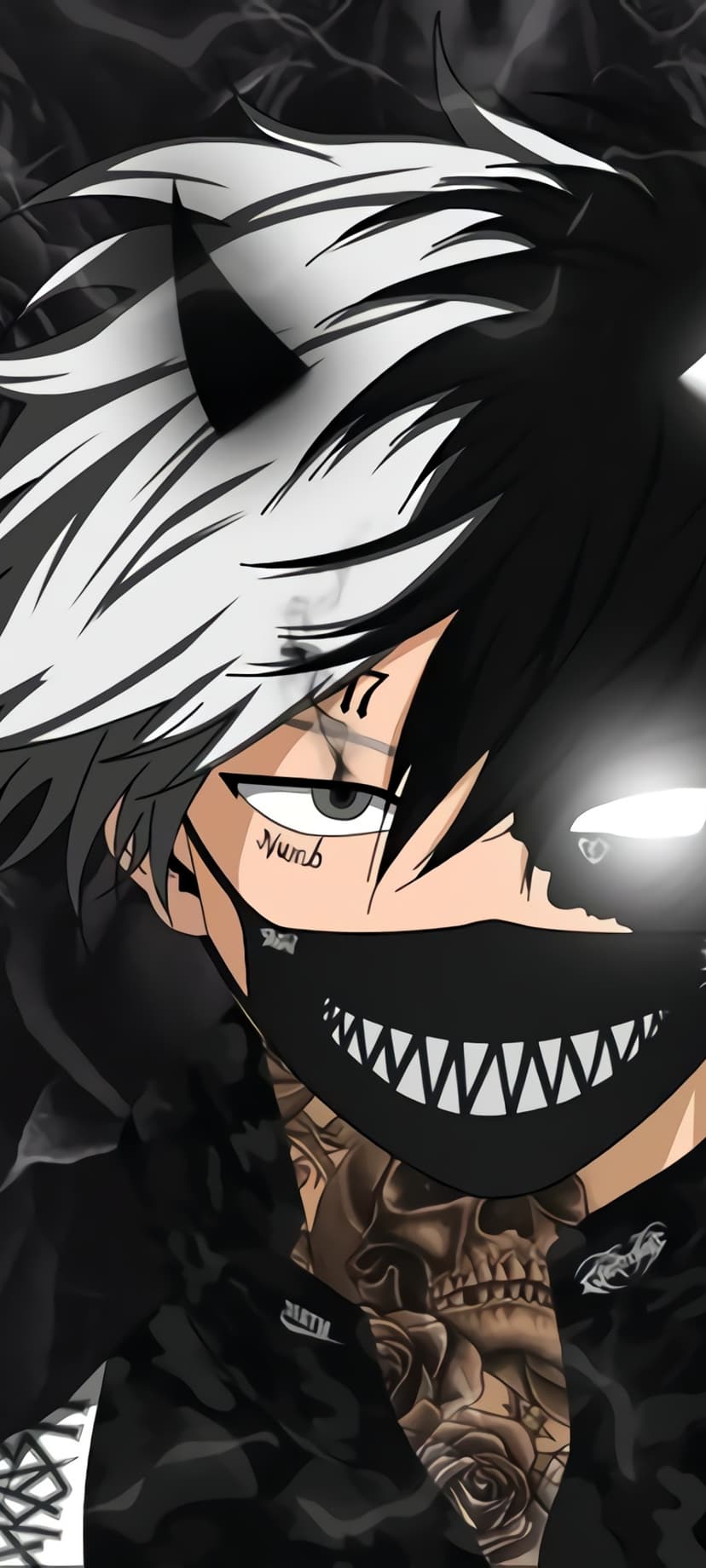 Horned anime man with black and white hair, a skull neck tattoo, and a mask in high-contrast lighting.