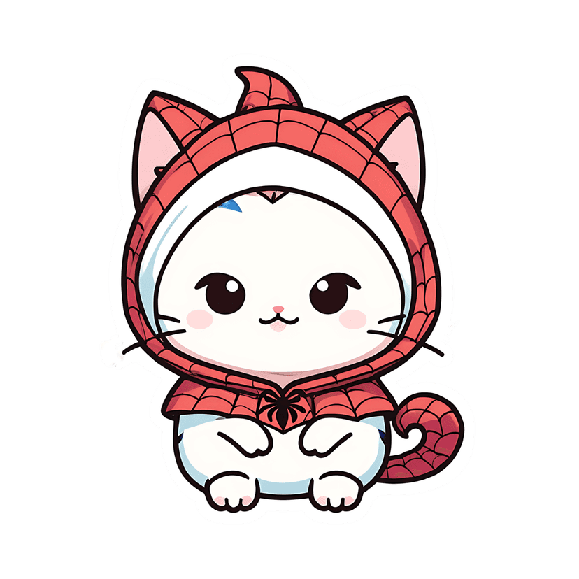 White kitten character wearing a red spiderweb-patterned hoodie with a black spider logo in a glossy style.