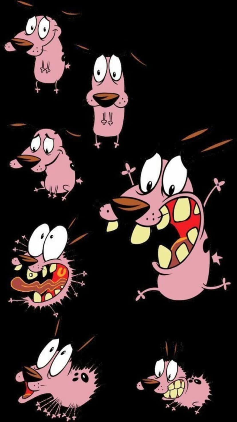 Courage the Cowardly Dog reacts with fearful and happy faces in a collage set against a solid black background.