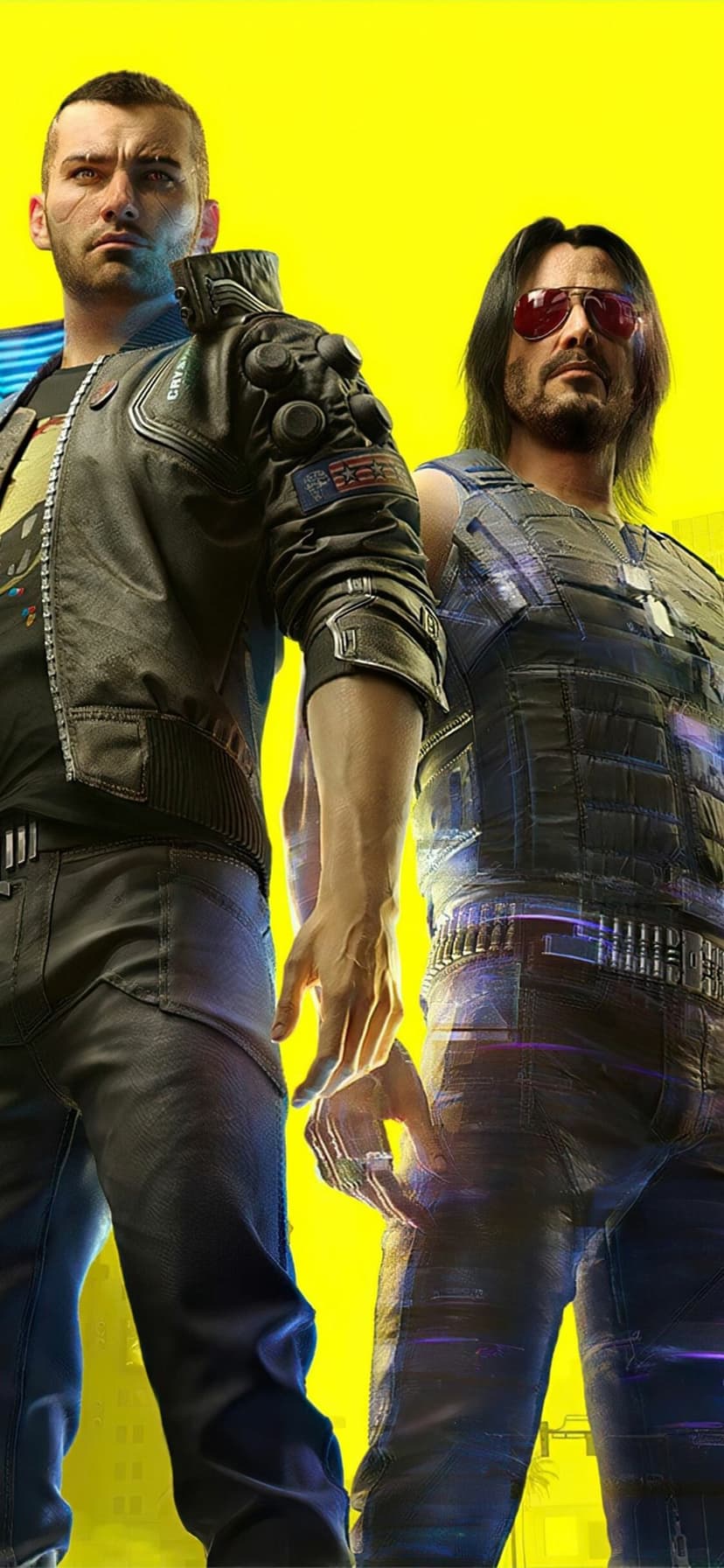 Male V and Johnny Silverhand stand side-by-side against a solid yellow background in Cyberpunk 2077.