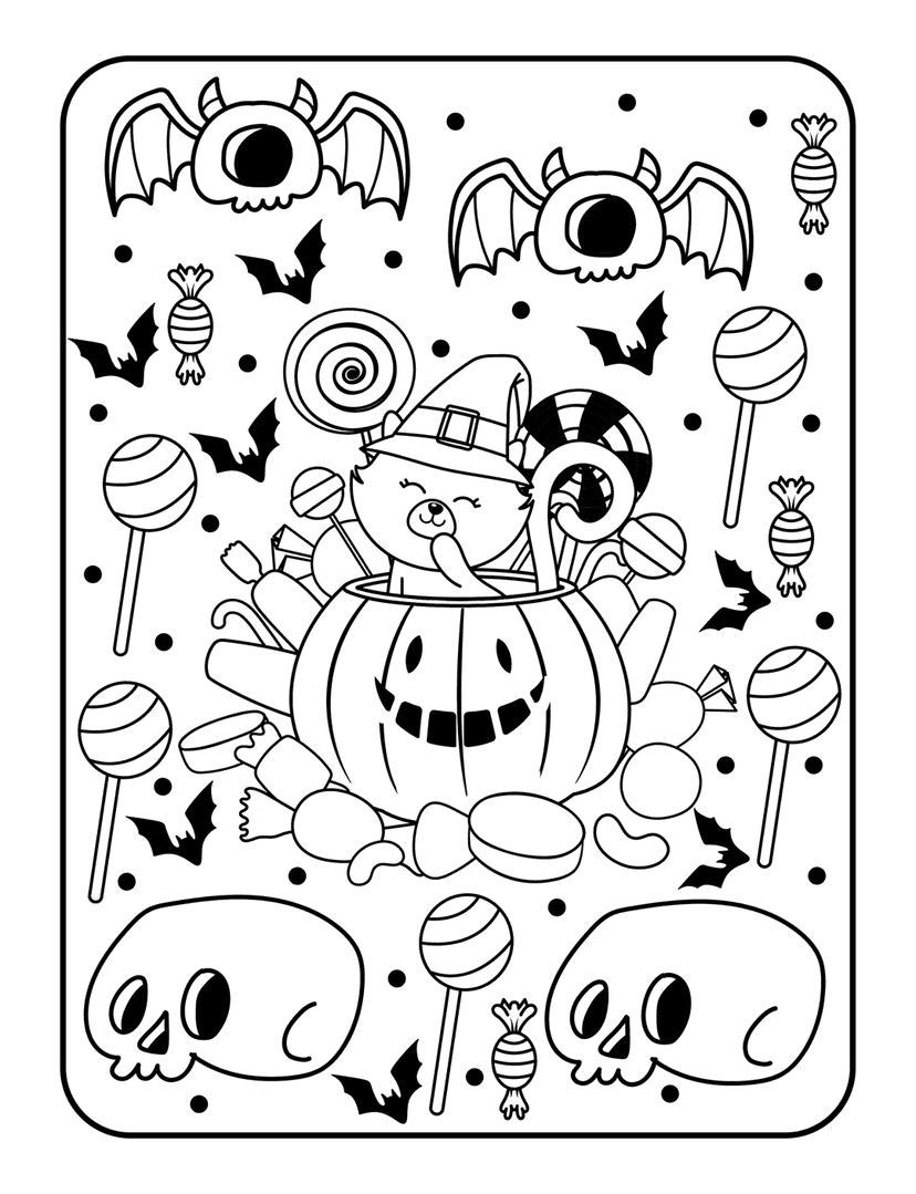 Halloween cat coloring page featuring a witch hat kitten inside a pumpkin with bats and candy line art.