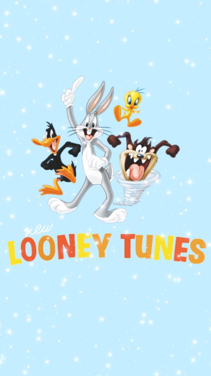 Bugs Bunny, Daffy Duck, Tweety, and Taz pose together on a sparkling blue background with new Looney Tunes text.