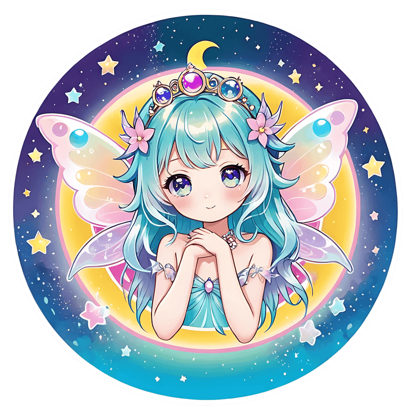 Chibi fairy sticker with long aqua hair, butterfly wings, and jeweled crown against a starry night sky moon.
