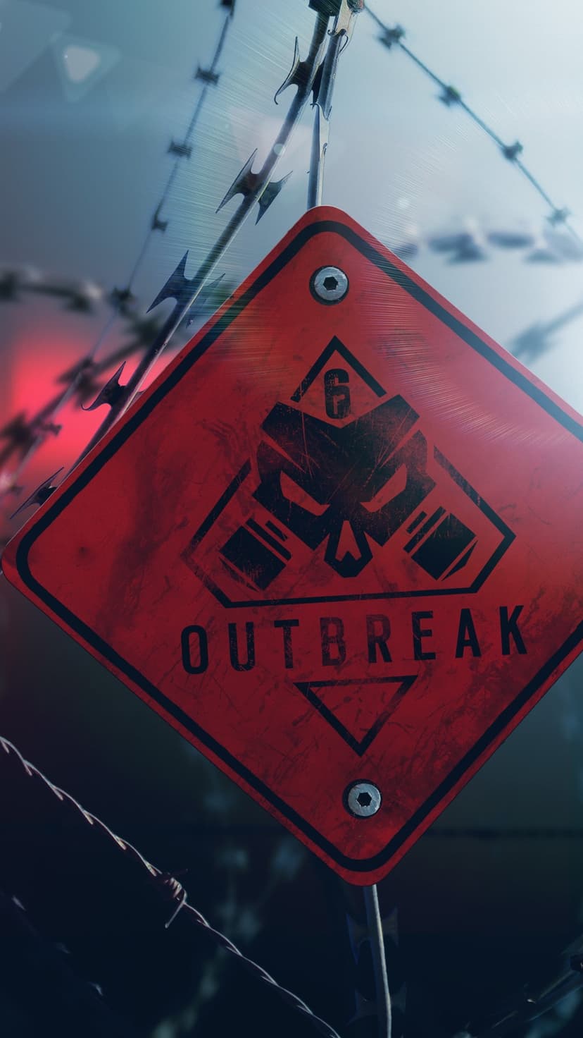 Red diamond warning sign with a gas mask skull icon behind coiled barbed wire in a dark quarantine zone.
