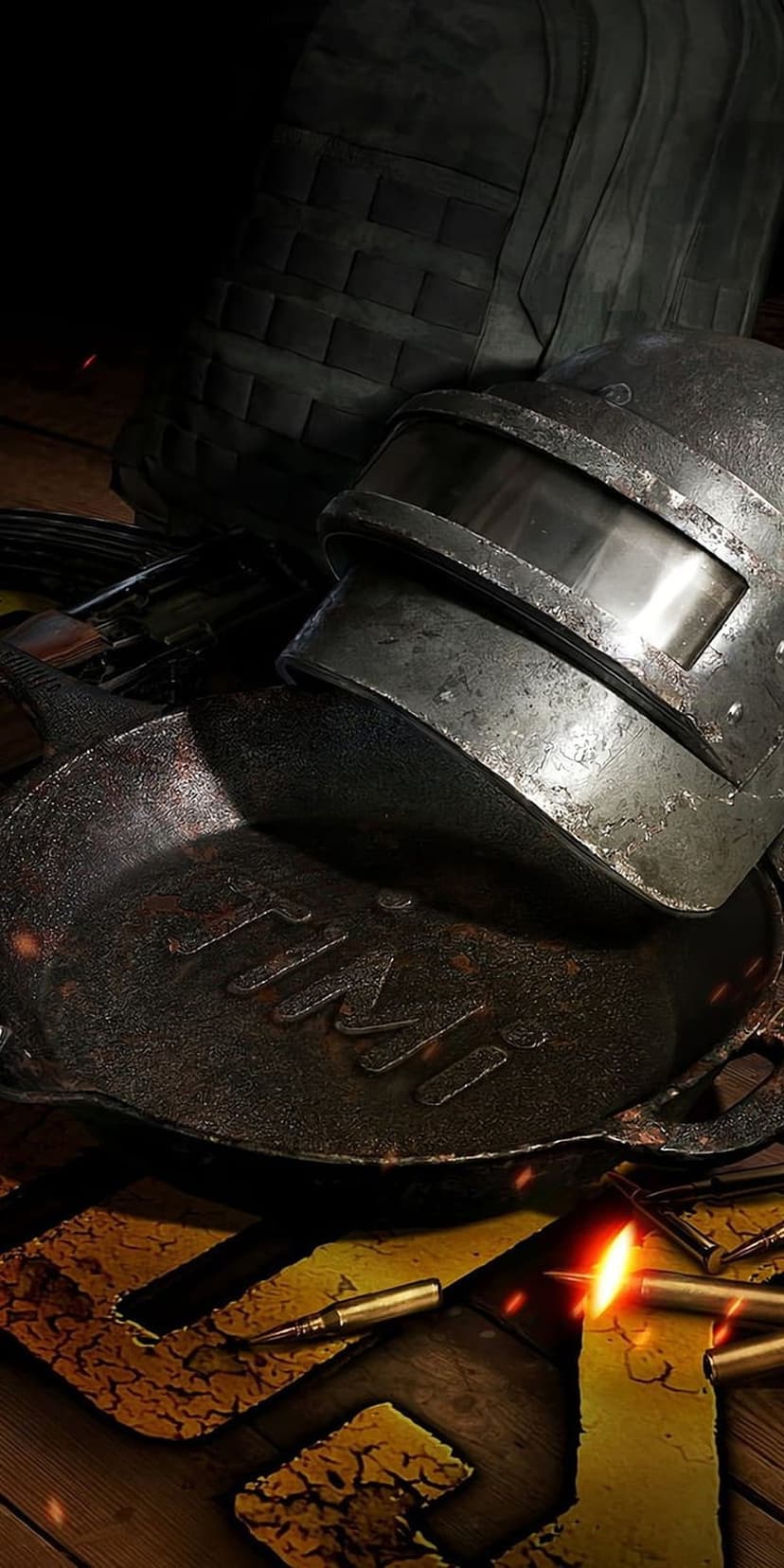 Level 3 helmet and frying pan rest on a dark surface with scattered ammunition and a glowing fiery bullet.