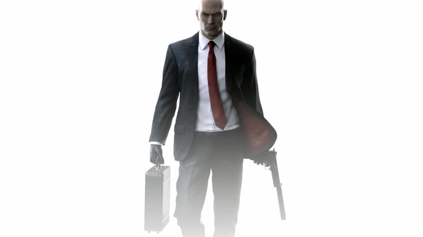 Agent 47 in a black suit holding a briefcase and silenced pistol against a bright minimalist white backdrop.