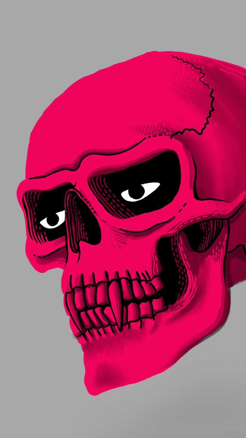 Pink skull with sharp fangs and glowing white eyes viewed from the side against a dark gray background.
