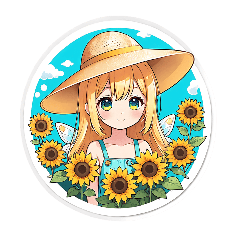 Chibi fairy wearing a straw hat and denim overalls stands among sunflowers under a blue sky with white clouds.