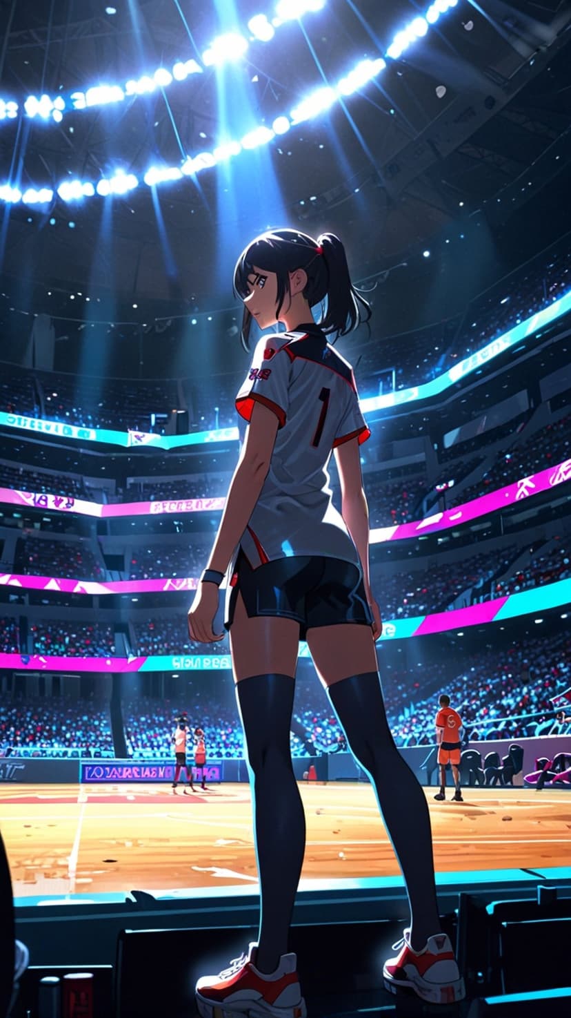 Female basketball player in jersey number one stands on a glowing court facing a crowd in a vibrant stadium.