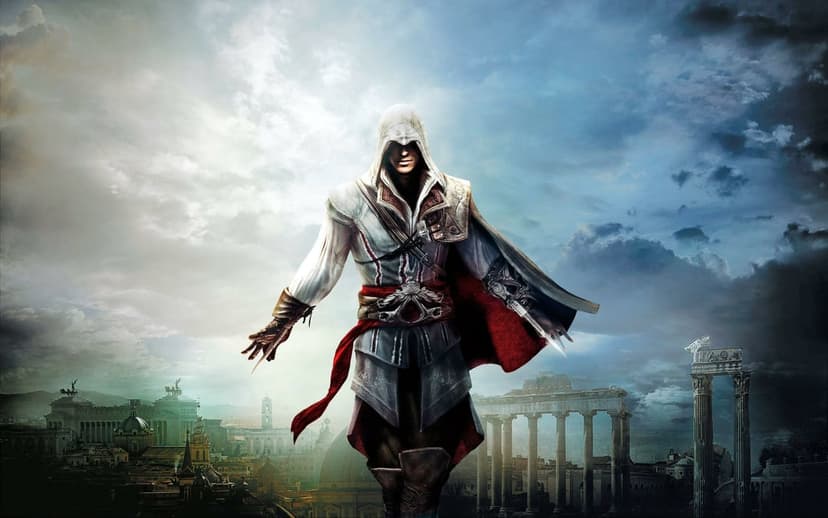Assassin Ezio Auditore in white robes with hidden blades extended against a backdrop of Roman ruins and cloudy sky.