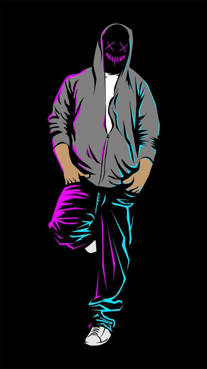 Hooded person in jeans stands with a glowing pink and blue X over their face against a solid black background.
