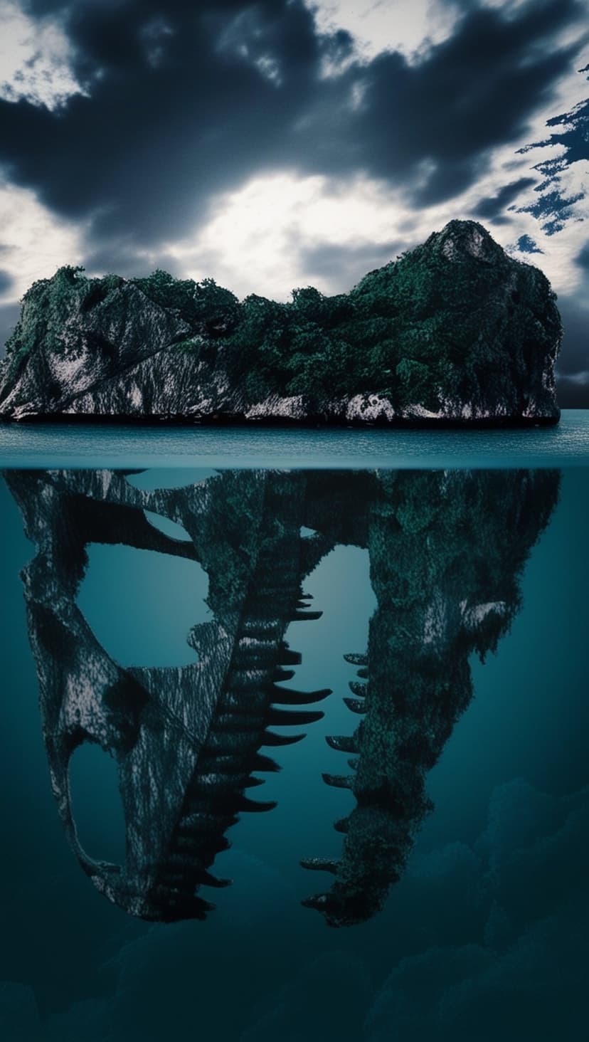 Giant skeletal jawbone submerged beneath a lush green island under a dark, swirling stormy sky in deep blue water.