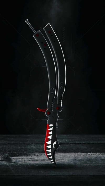 Shark-themed butterfly knife: cool black design with red accents