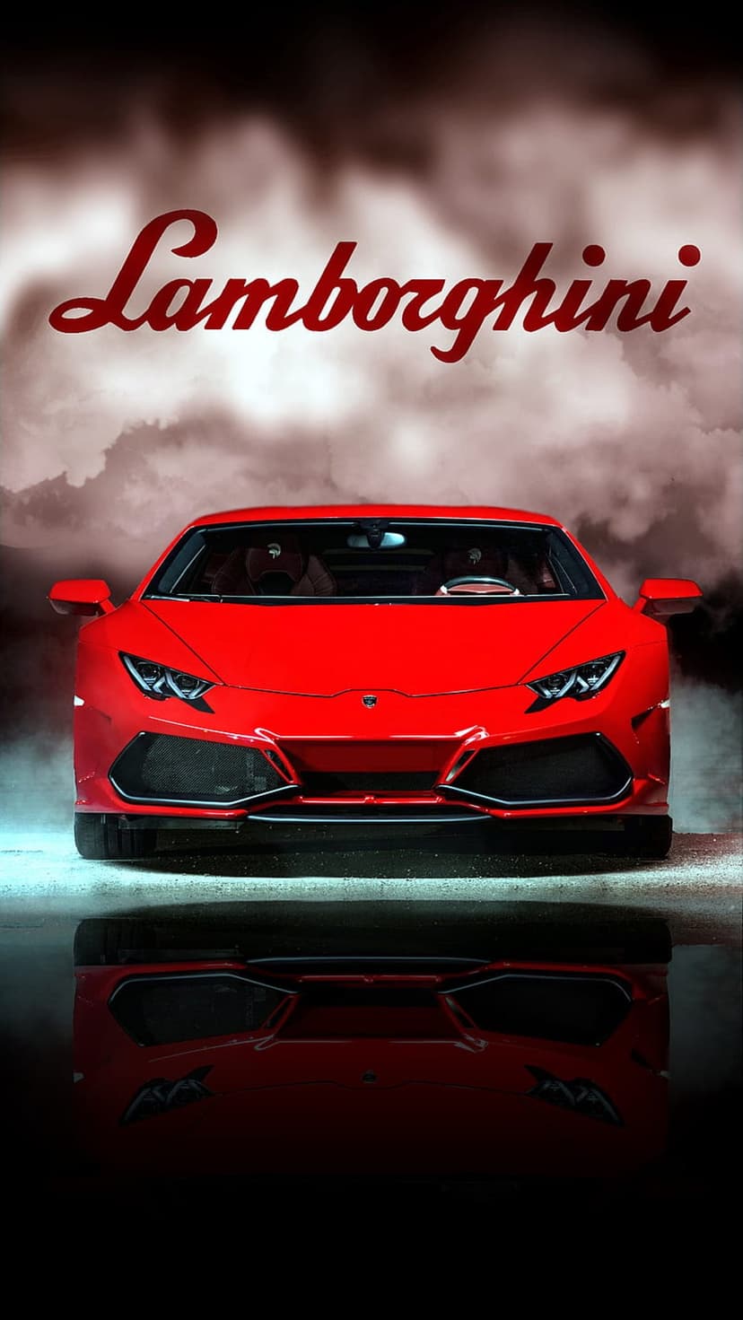 Red Lamborghini supercar parked on a wet surface with a reflection beneath a dark, swirling cloudy sky.