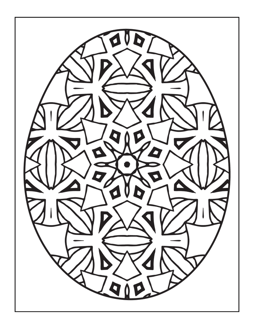 Mandala egg line art drawing featuring symmetrical geometric patterns and floral motifs in black and white.