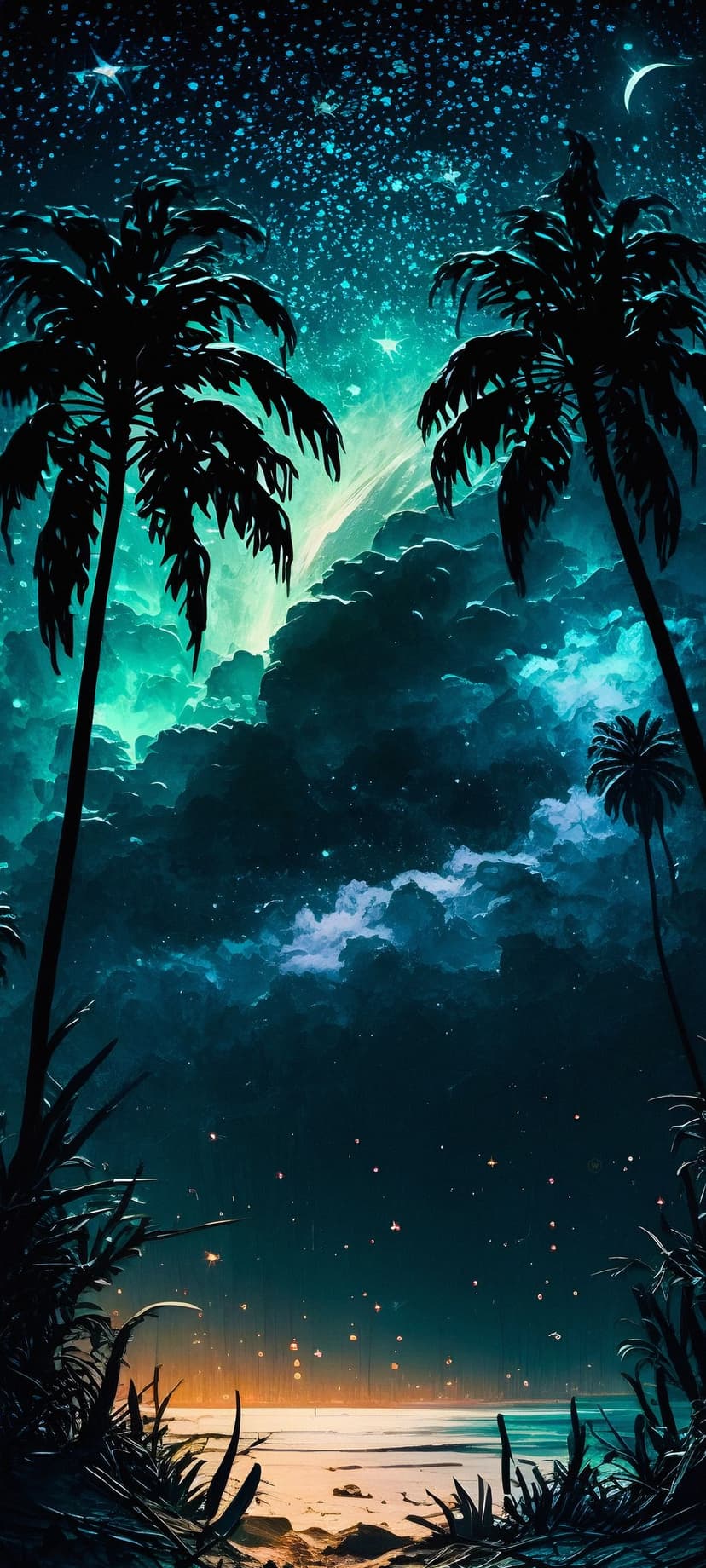 Palm tree silhouettes frame a swirling emerald and sapphire nebula reflecting on calm tropical ocean water.