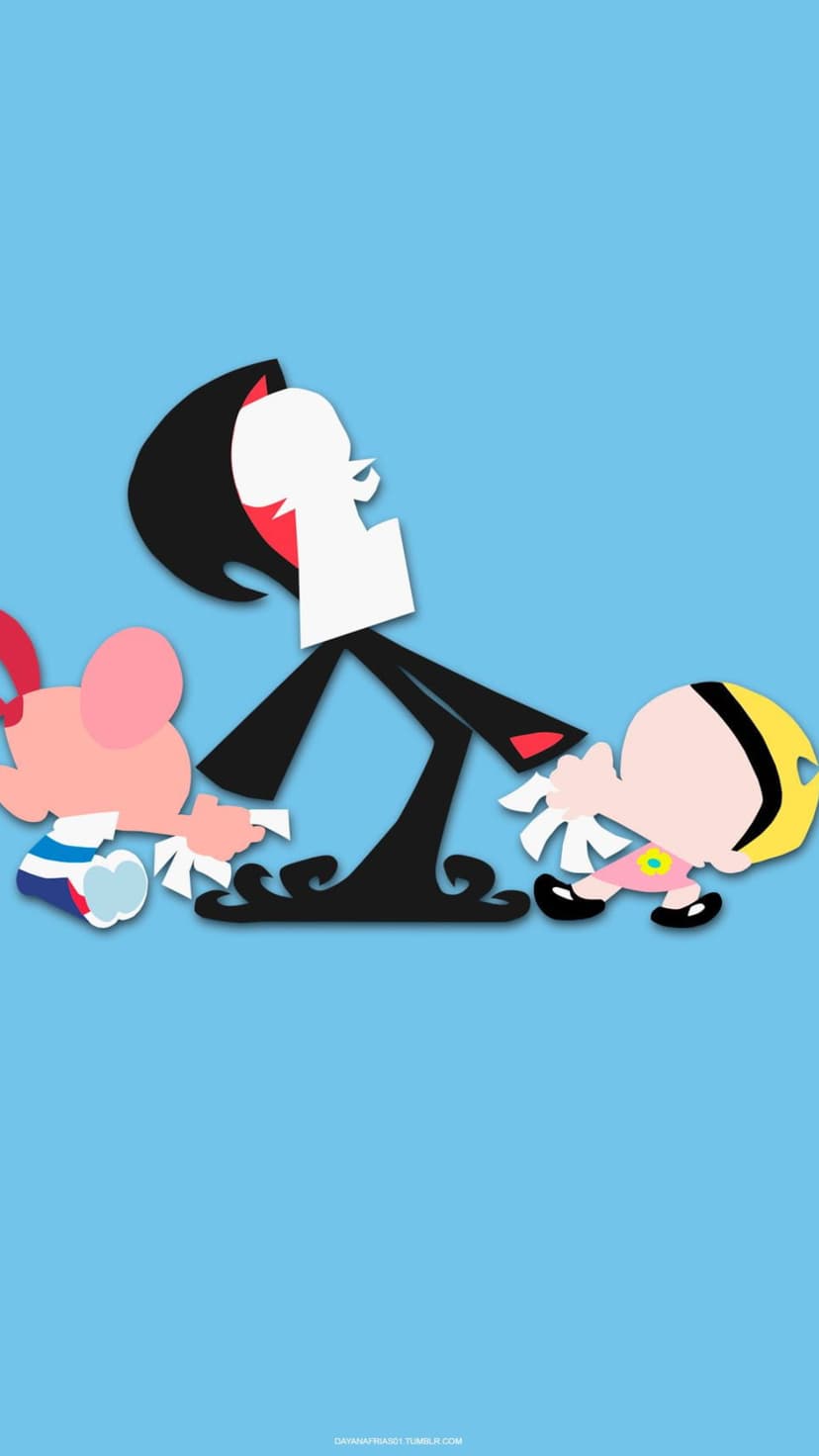 Grim the reaper, Billy, and Mandy stand in silhouette against a solid blue background in a flat design style.