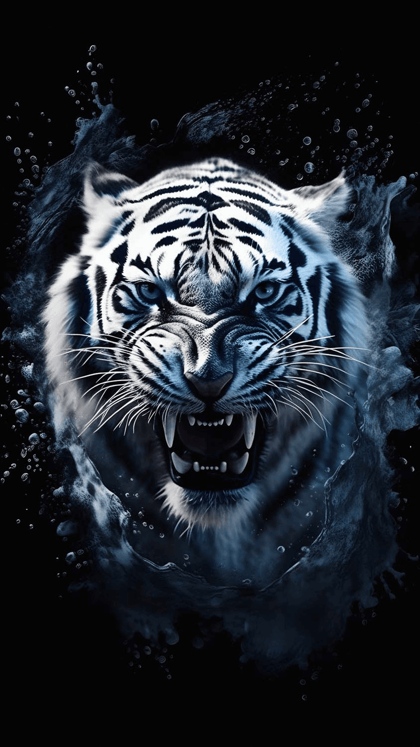 White tiger roaring with bared teeth amidst splashing dark water and bubbles, showcasing its piercing blue eyes.