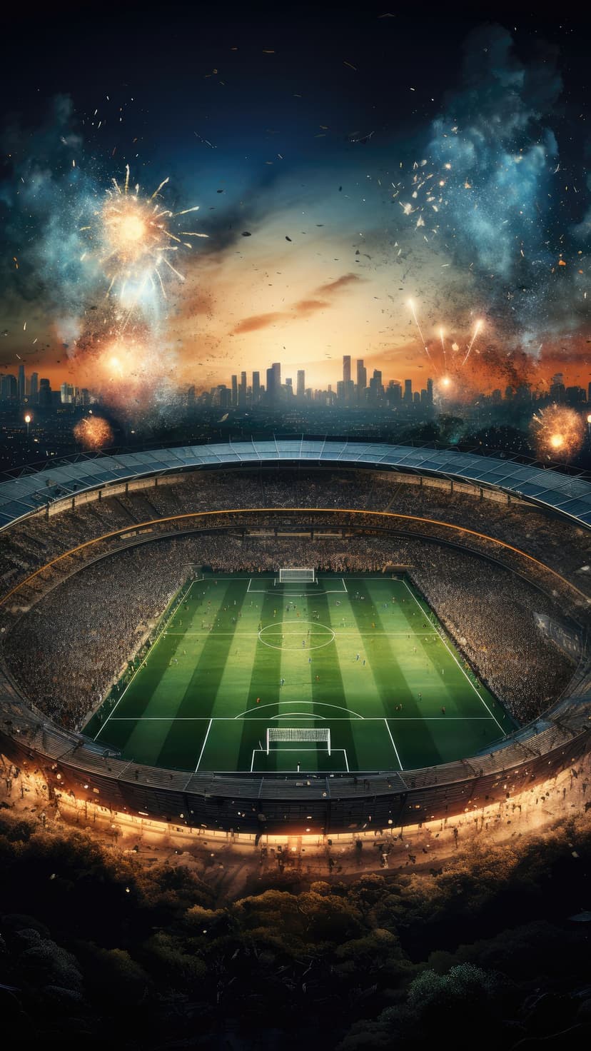 Crowded football stadium illuminated by fireworks and sunset sky with a city skyline visible in the distance.