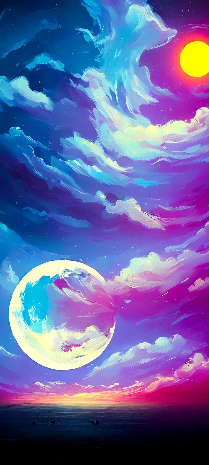 Giant blue moon and radiant sun glow over a reflective ocean under swirling purple and pink cosmic clouds.