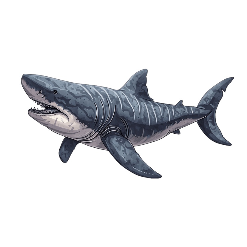 Megalodon shark illustration shows a massive prehistoric predator with sharp teeth and grey skin on black.