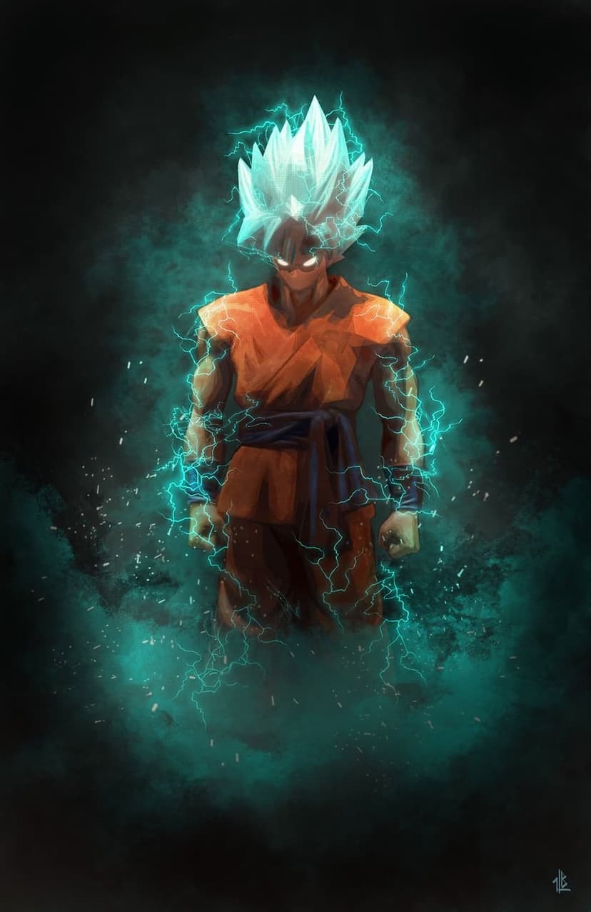Goku in Super Saiyan Blue form glows with cerulean energy and white lightning bolts against a dark background.