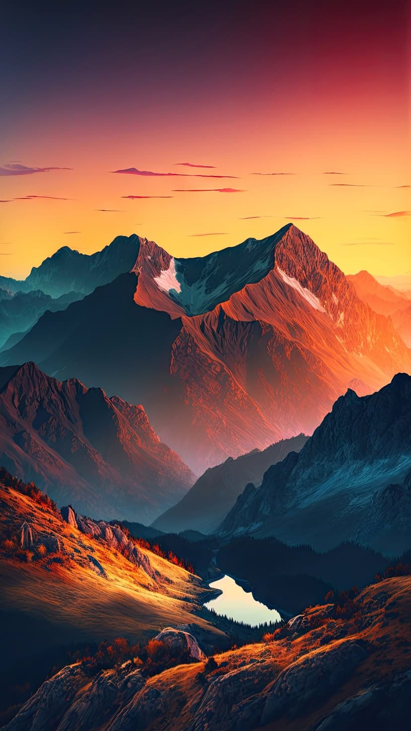 Jagged mountain peaks tower over a still lake and pine forest under an orange and purple sunset sky.