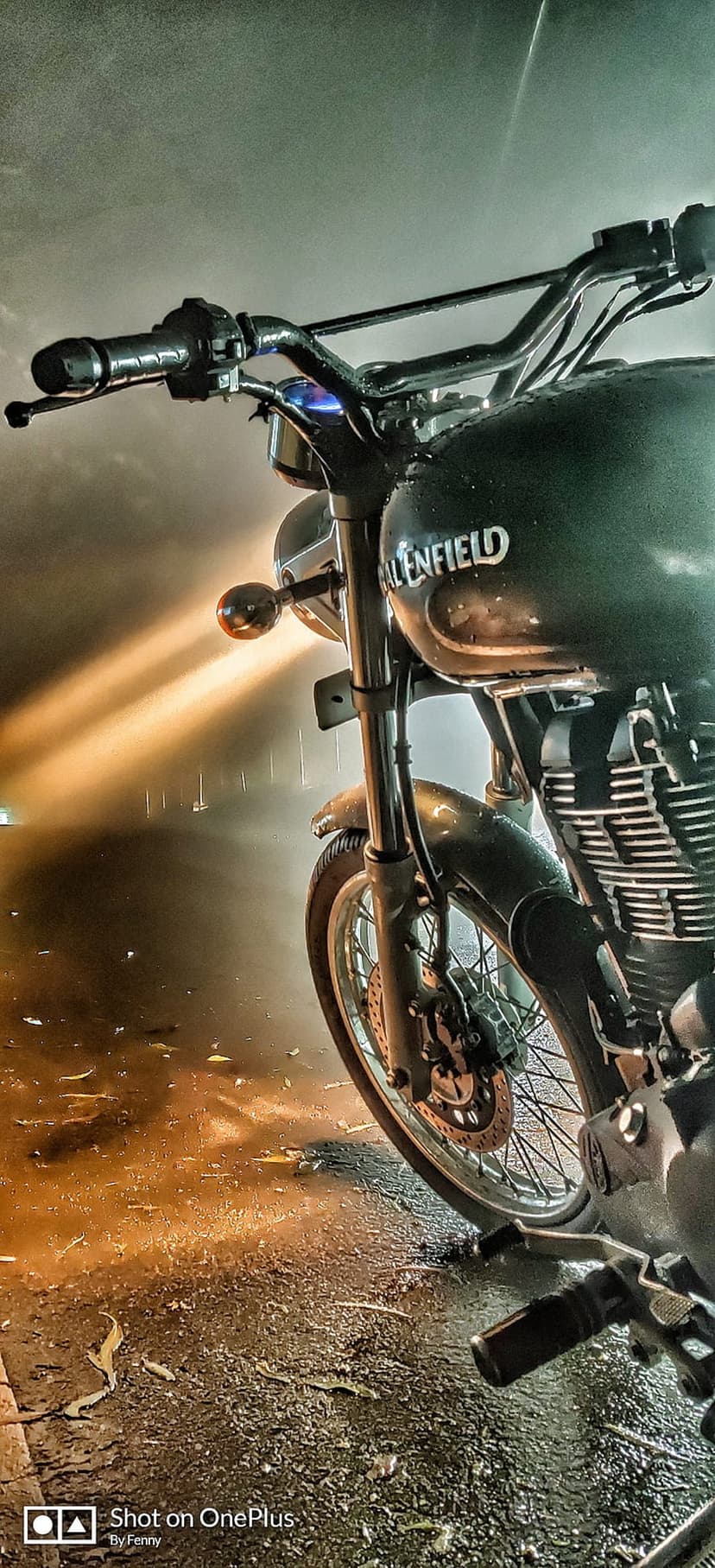 Royal Enfield motorcycle parked on a wet, leaf-covered road at night as headlights pierce through dense fog.