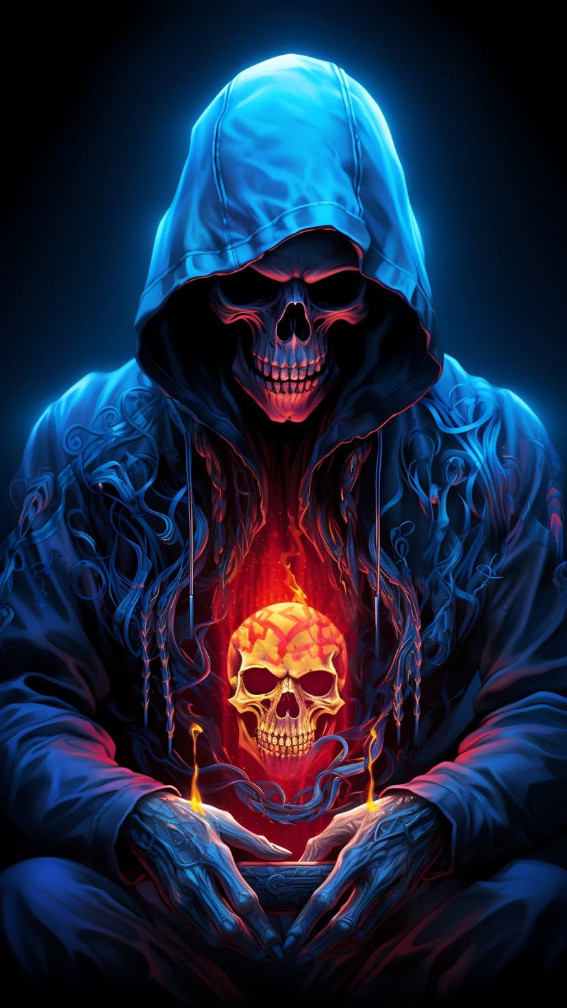 Grim reaper in a blue hood holding a small flaming skull with glowing red light emanating from its bony chest.