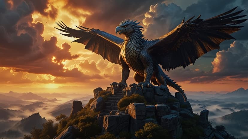 Griffin with massive eagle wings stands on a rocky summit against a fiery orange sunset and misty valley below.