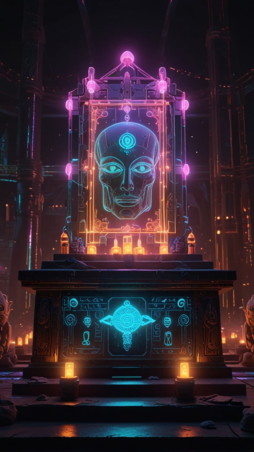 A towering neon altar features a glowing holographic face with a third eye symbol and flickering candle rows.