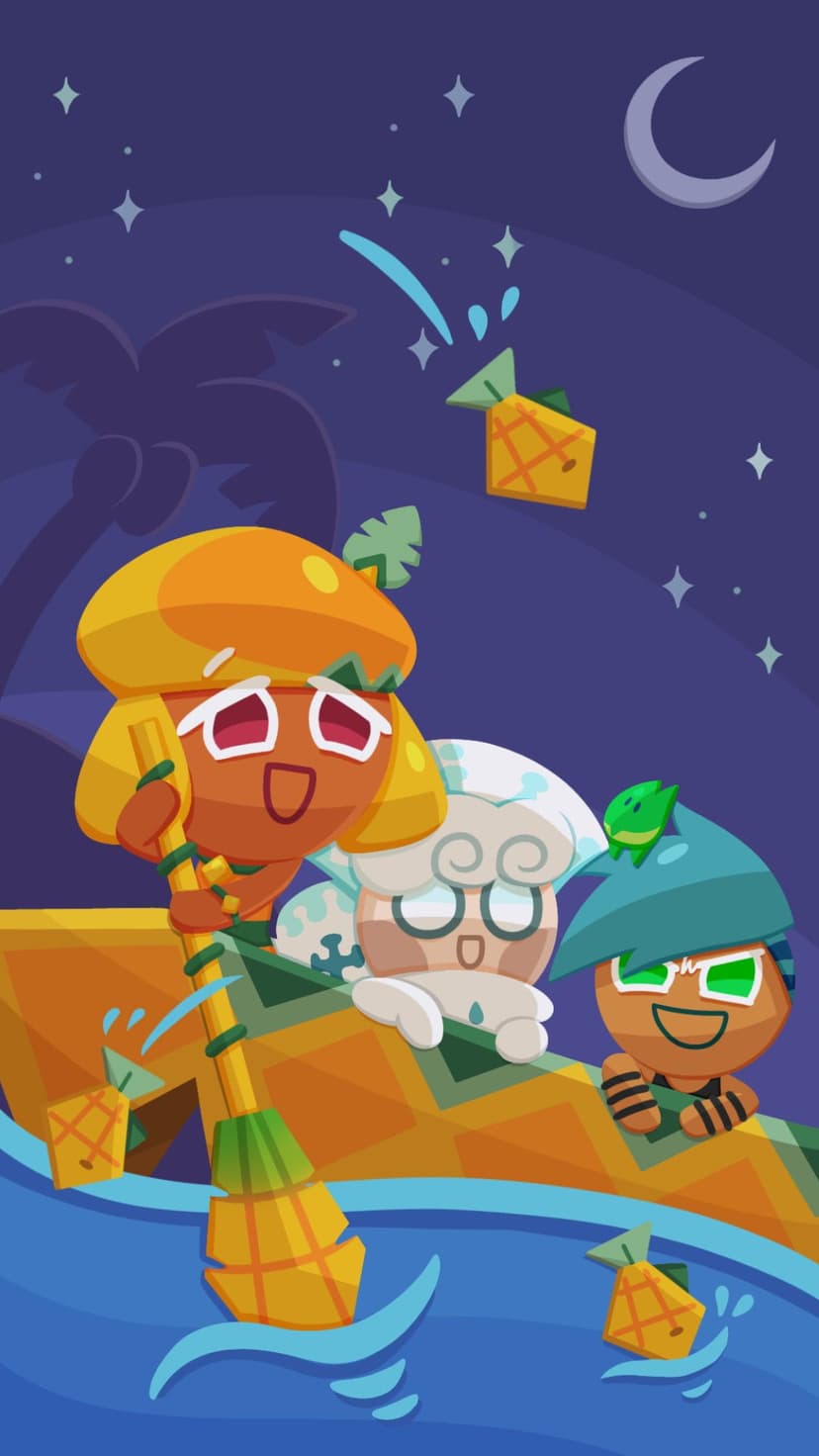 Cookie characters sail a pineapple raft across dark blue water beneath a crescent moon and twinkling stars.