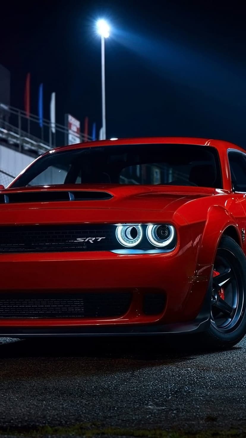 Red Dodge Challenger SRT Hellcat Demon with glowing headlights parked at night under a bright stadium light.