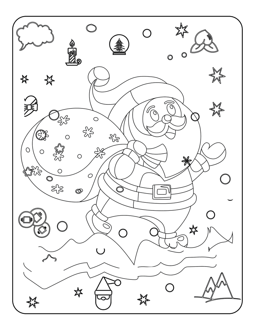 Santa Claus coloring page illustration with gift sack, snowflakes, snow globe, and candle in black line art.
