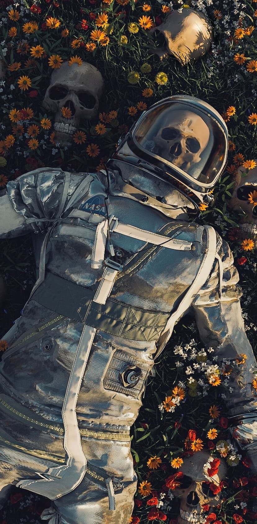Astronaut helmet and human skulls lie scattered within a vibrant field of flowers under a starlit cosmic sky.