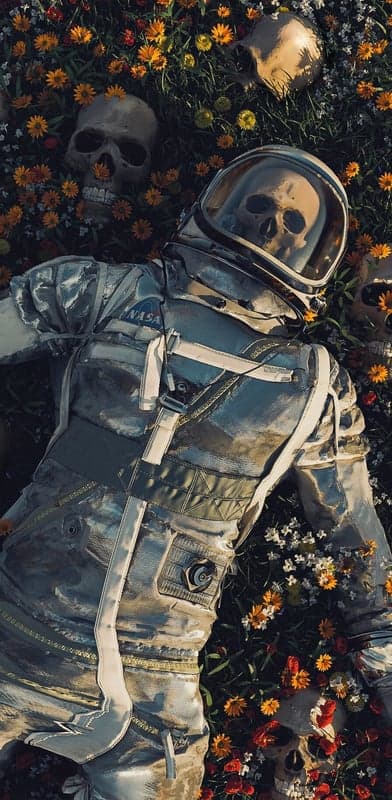 Astronaut Skull Amongst Flowers, Cosmic Mortality Art