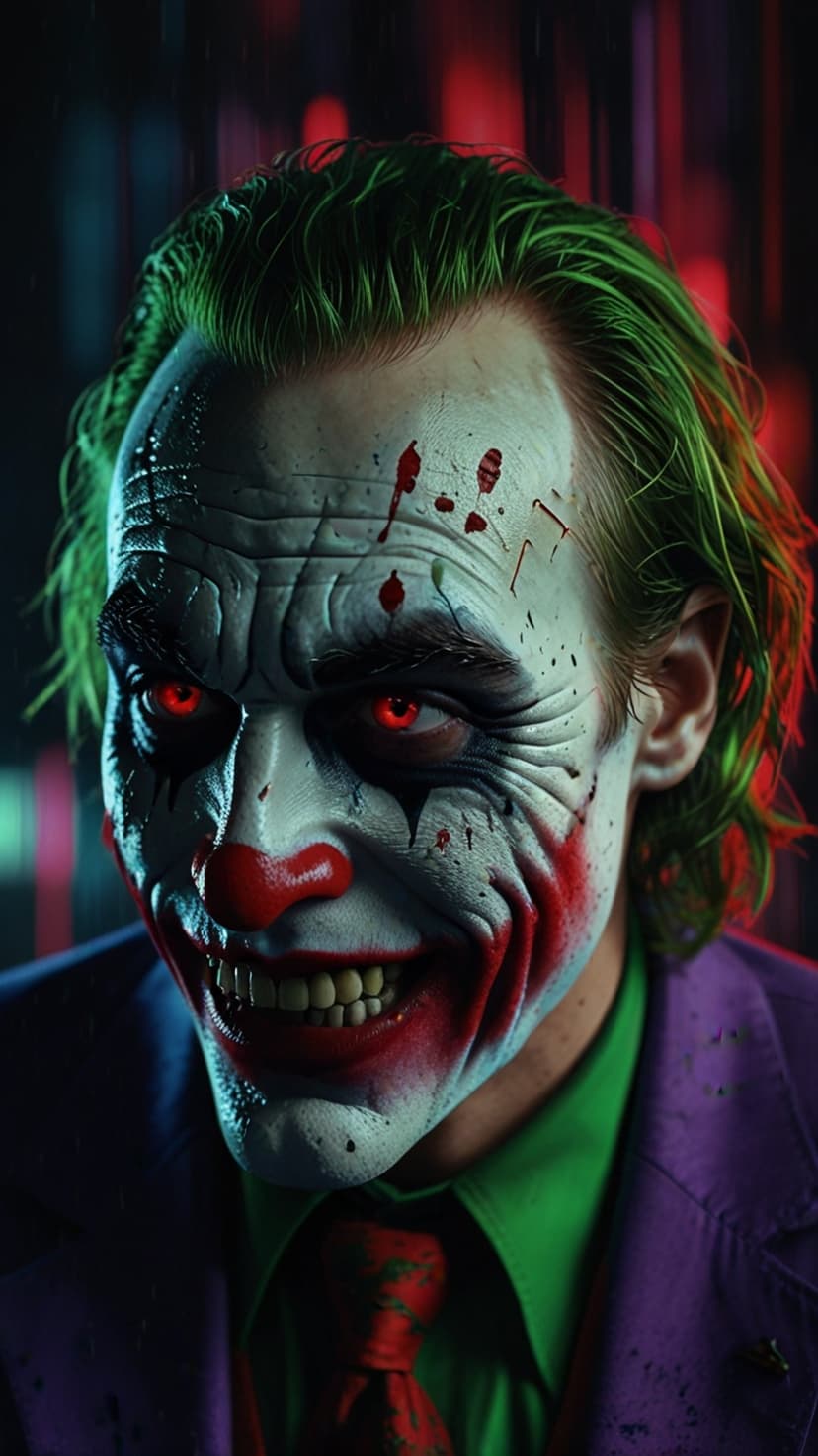 The Joker with glowing red eyes, white face paint, and blood-stained sharp teeth against a dark city background.
