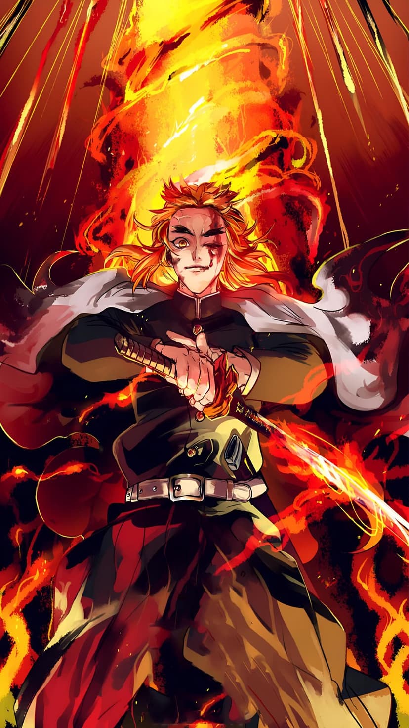 Kyojuro Rengoku holds a flaming sword amidst swirling orange embers and fire for a phone screen background.