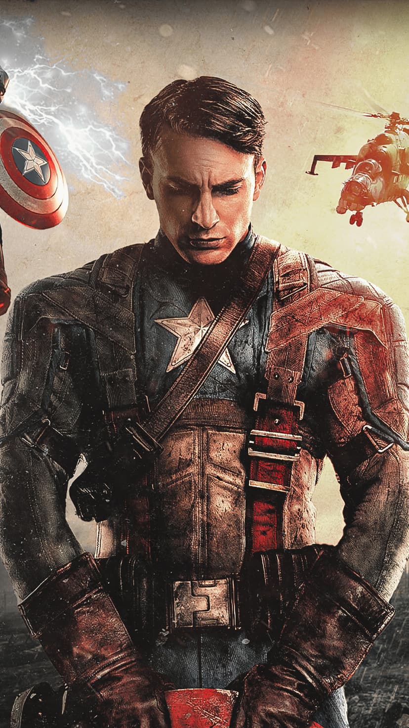 Captain America in a weathered uniform stands before a lightning storm and a distant military helicopter.