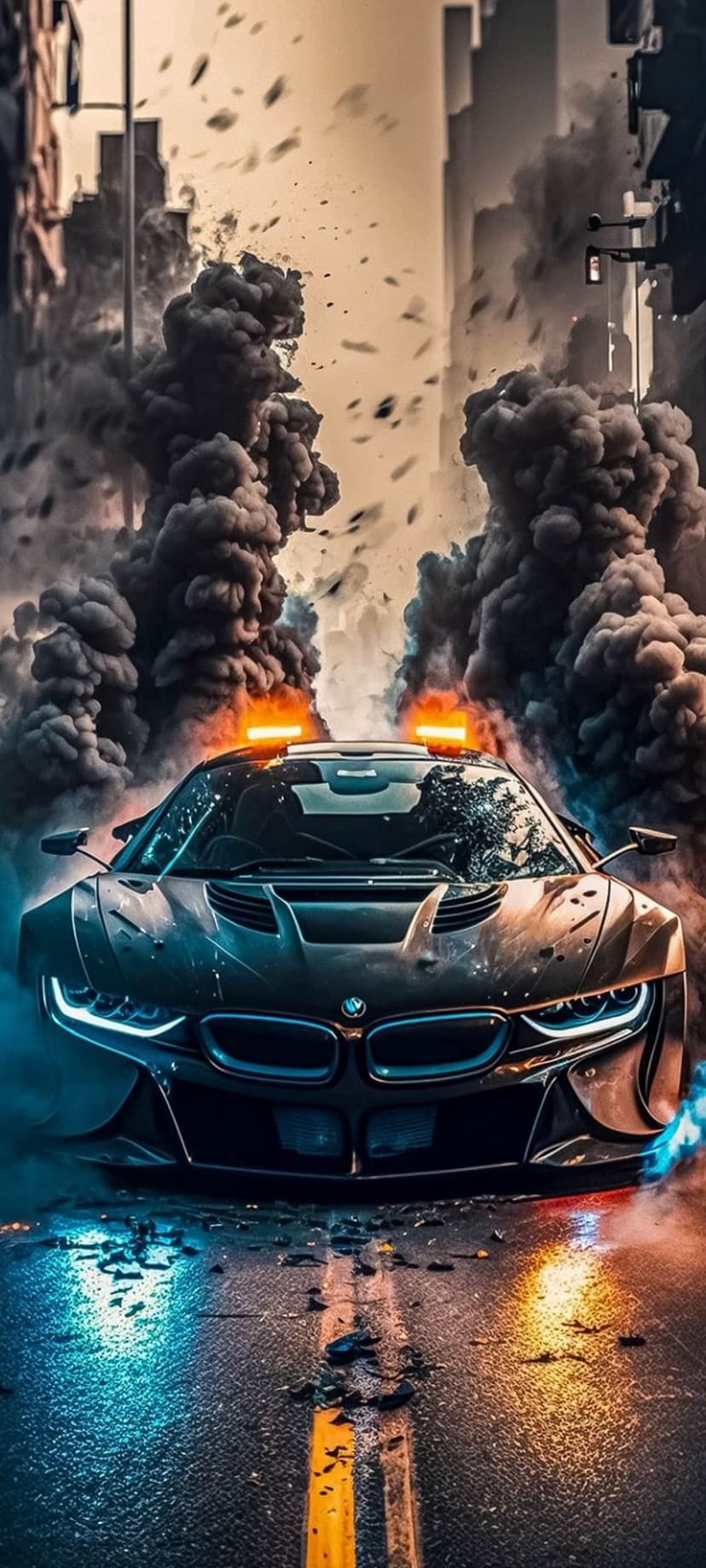 Black BMW i8 supercar emerges from dense gray smoke with glowing orange lights on a rain-slicked urban street.