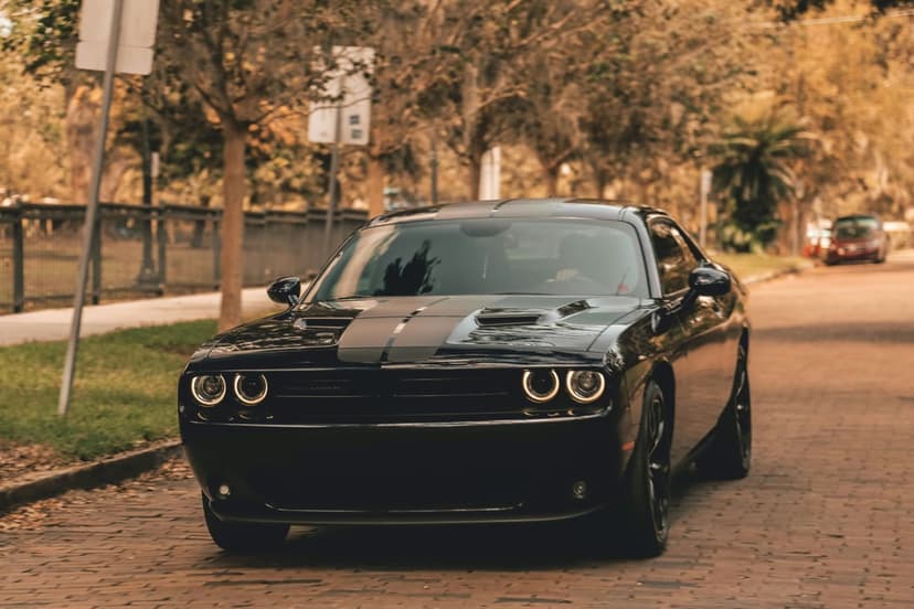 Black Dodge Challenger with racing stripes parked on a cobblestone street with autumn trees in the background.