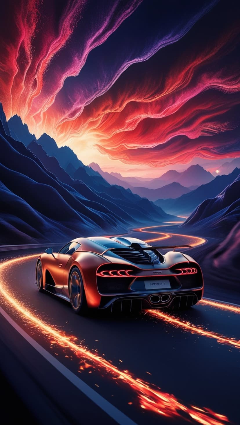 Orange hypercar with glowing trails speeds on a winding mountain road under a dramatic red and purple cloudy sky.