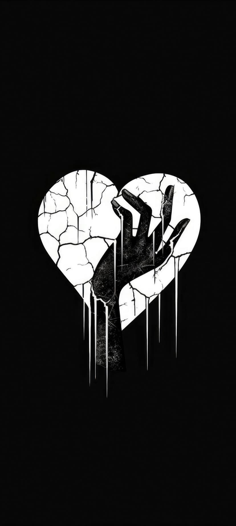 Human hand reaching out from the center of a cracked and dripping heart in high-contrast black and white.