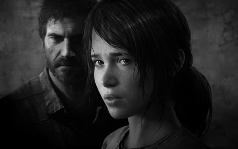 Ellie and Joel in a black and white close-up with cinematic lighting and a gritty, textured background.